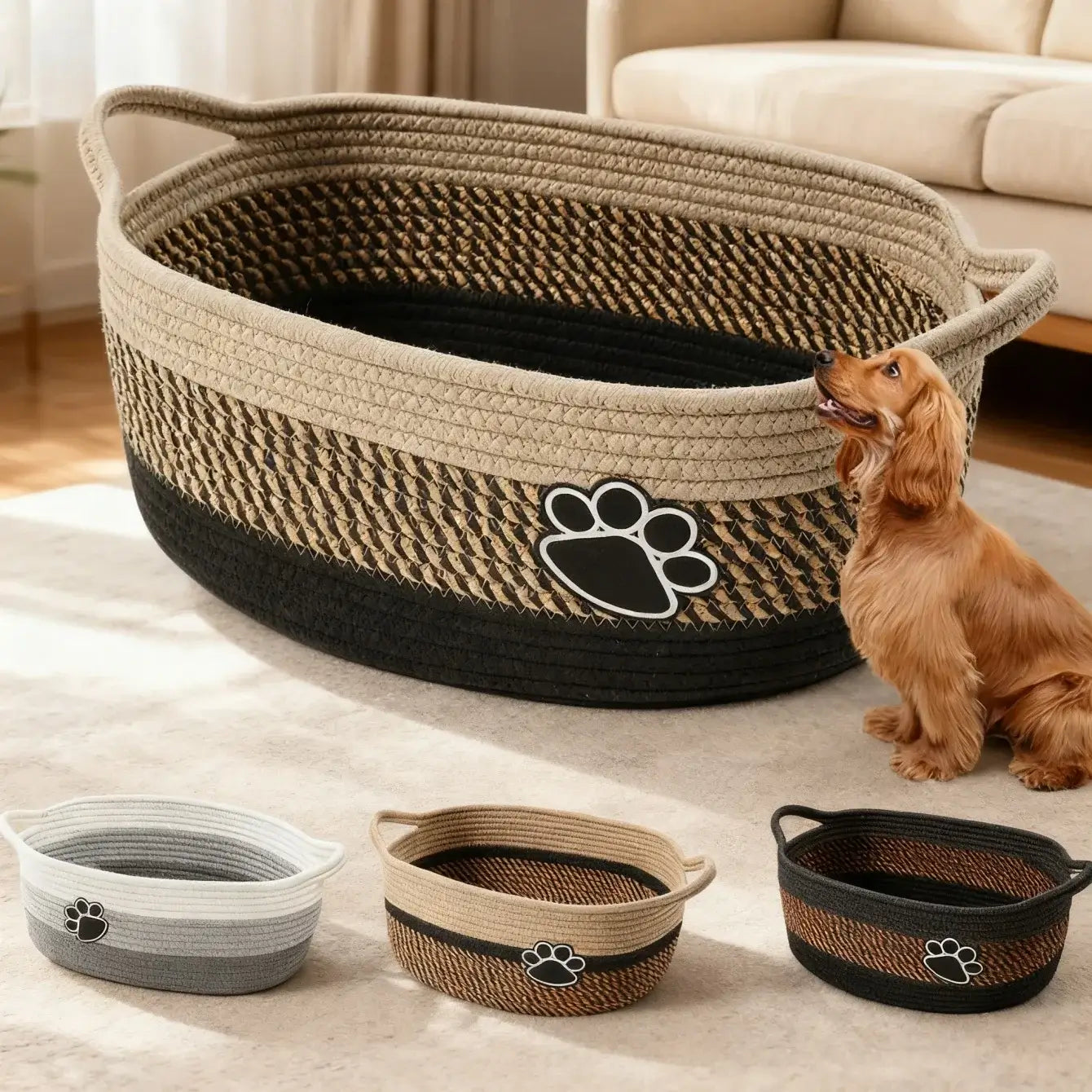 Woven Storage Basket™ | Minimalist Home Organizer with a dog nearby, ideal for organizing pet accessories like food dispenser.